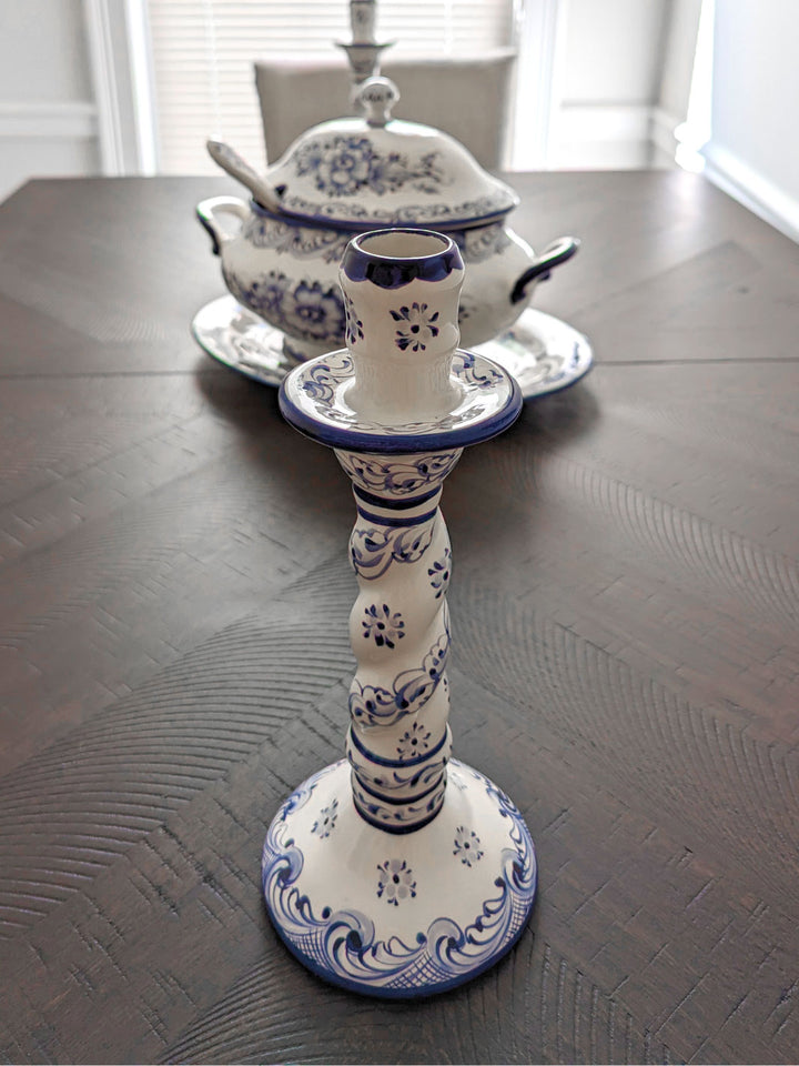 Hand Painted Alcobaça Ceramic Blue and White Decorative  Candle Holder – Set of 2
