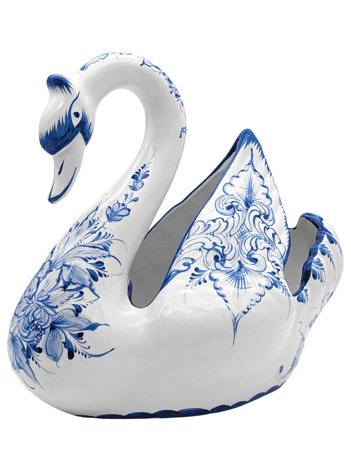 Hand Painted Portuguese Pottery Blue and White Ceramic Large Swan Planter Figurine