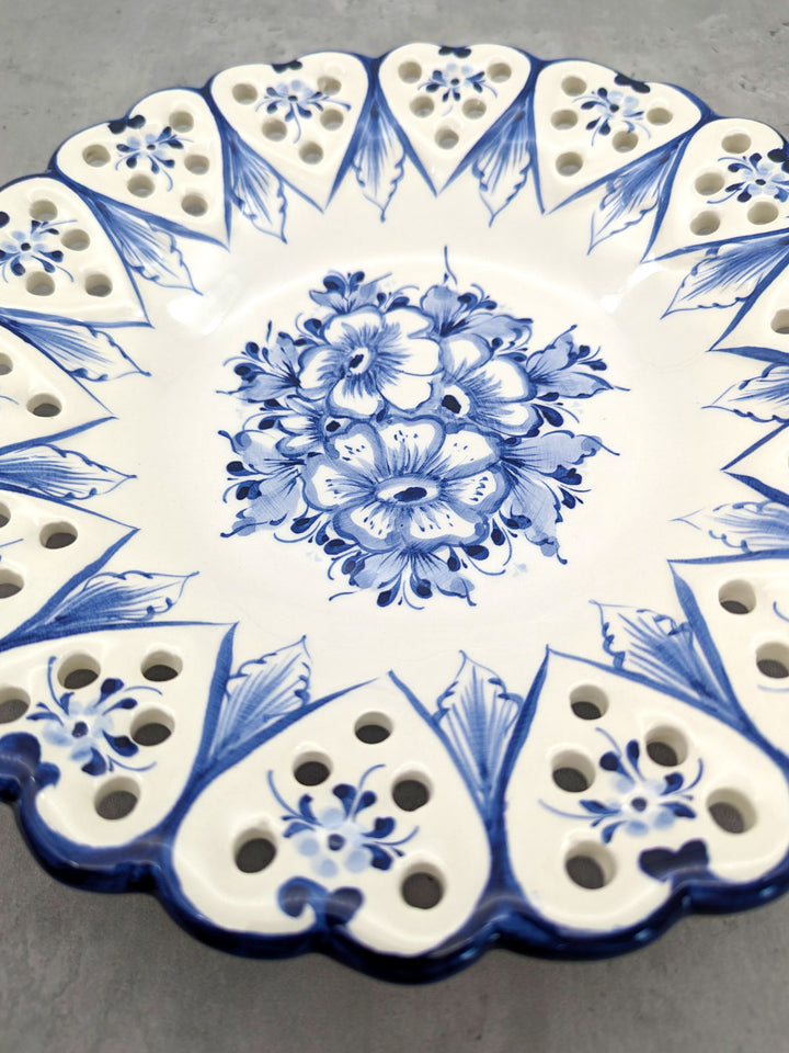 11.5 Inch Hand painted Blue and White Alcobaça Ceramic Decorative Plate Border Hearts