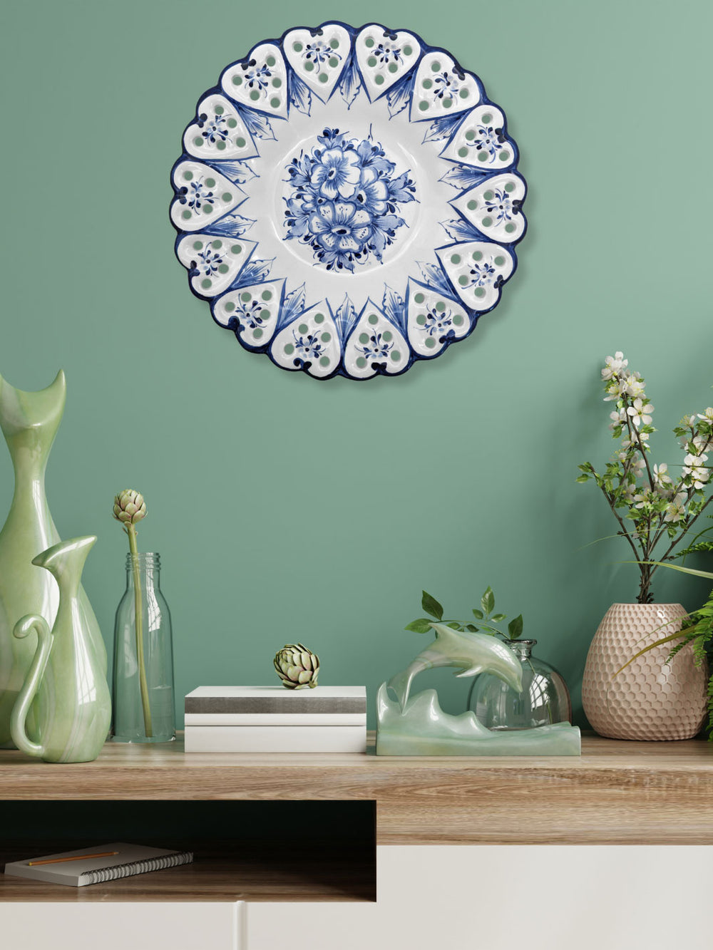 11.5 Inch Hand painted Blue and White Alcobaça Ceramic Decorative Plate Border Hearts