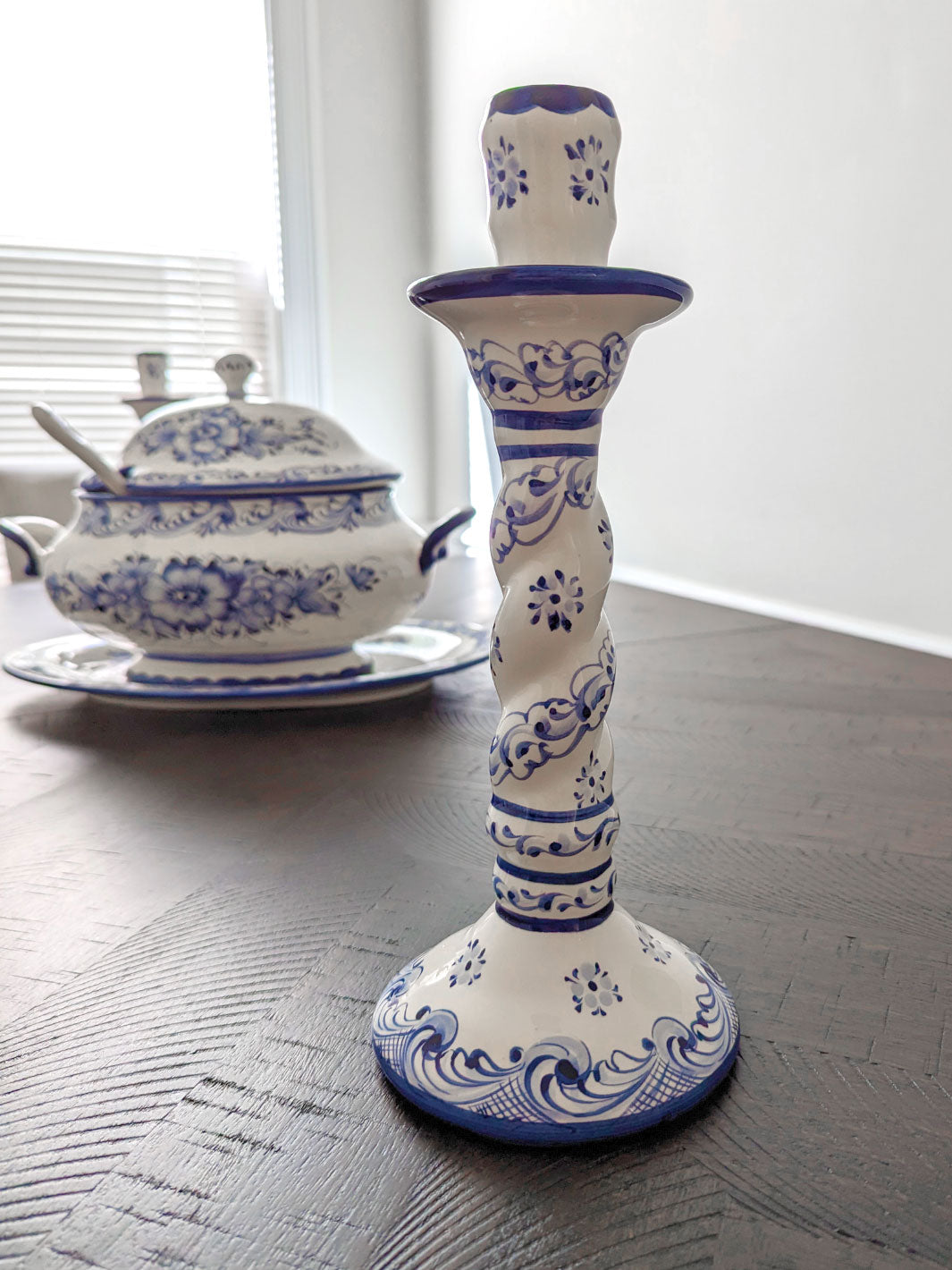 Hand Painted Alcobaça Ceramic Blue and White Decorative  Candle Holder – Set of 2