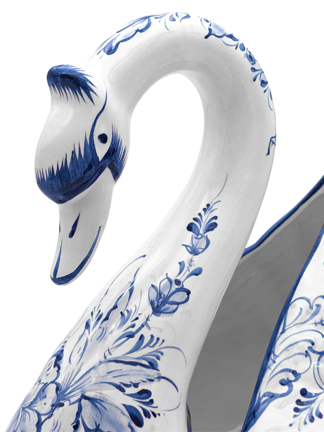 Hand Painted Portuguese Pottery Blue and White Ceramic Large Swan Planter Figurine