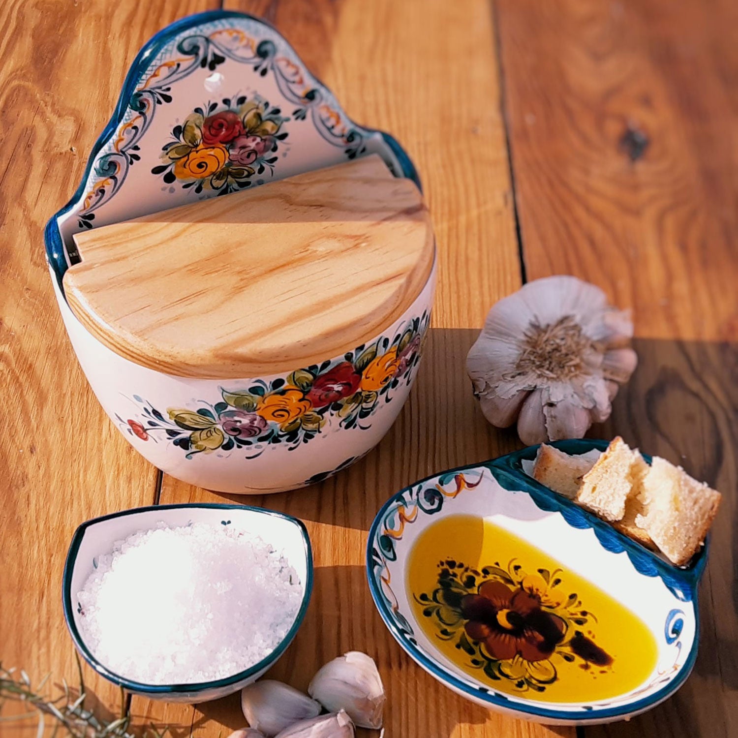 Hand painted ceramic salt cellar and olive dish made in Portugal by master artisans