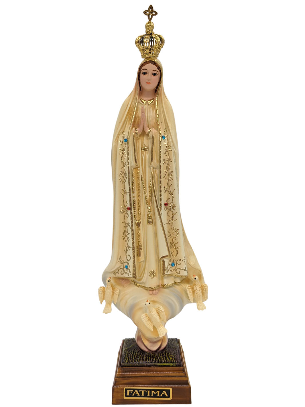 12 Inch Glass Eyes Our Lady of Fatima Statue Patina Painted