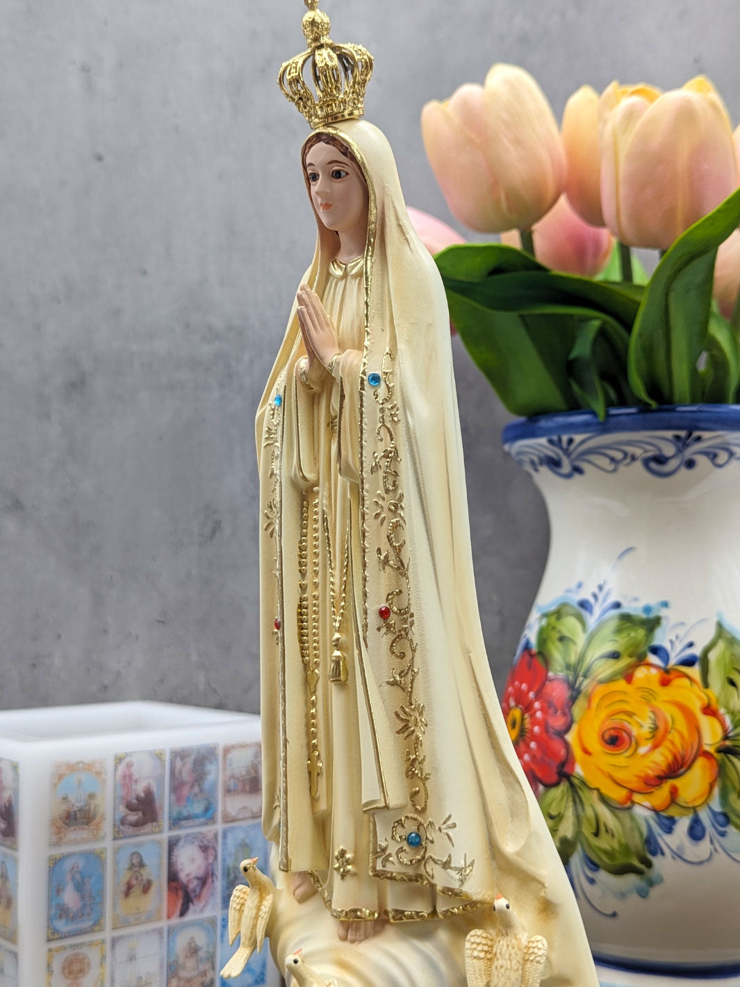 12 Inch Glass Eyes Our Lady of Fatima Statue Patina Painted