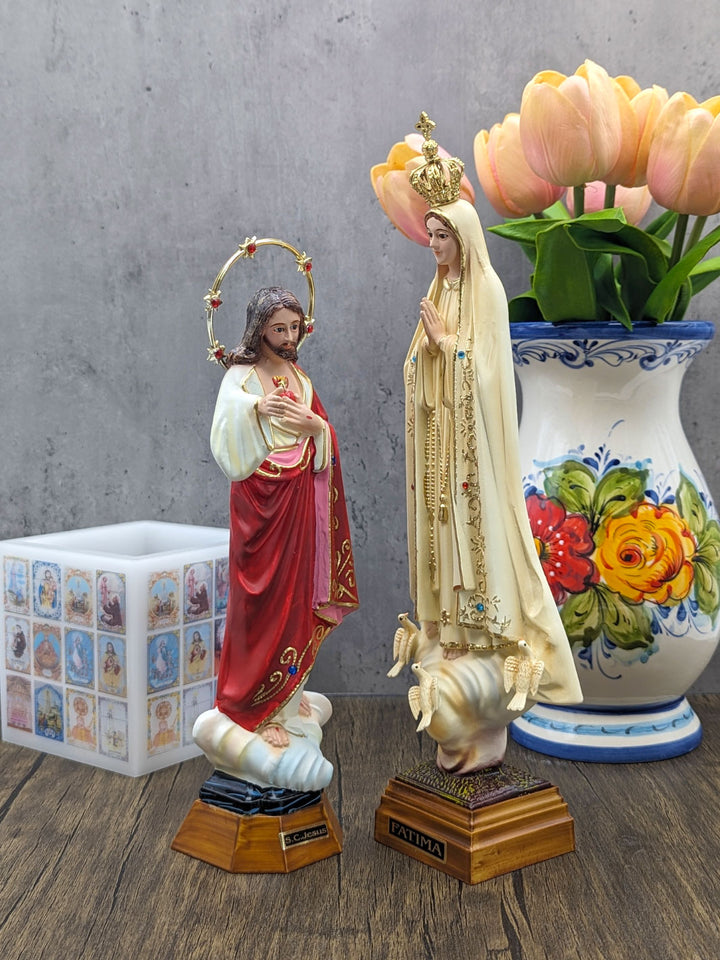 12 Inch Glass Eyes Our Lady of Fatima Statue Patina Painted