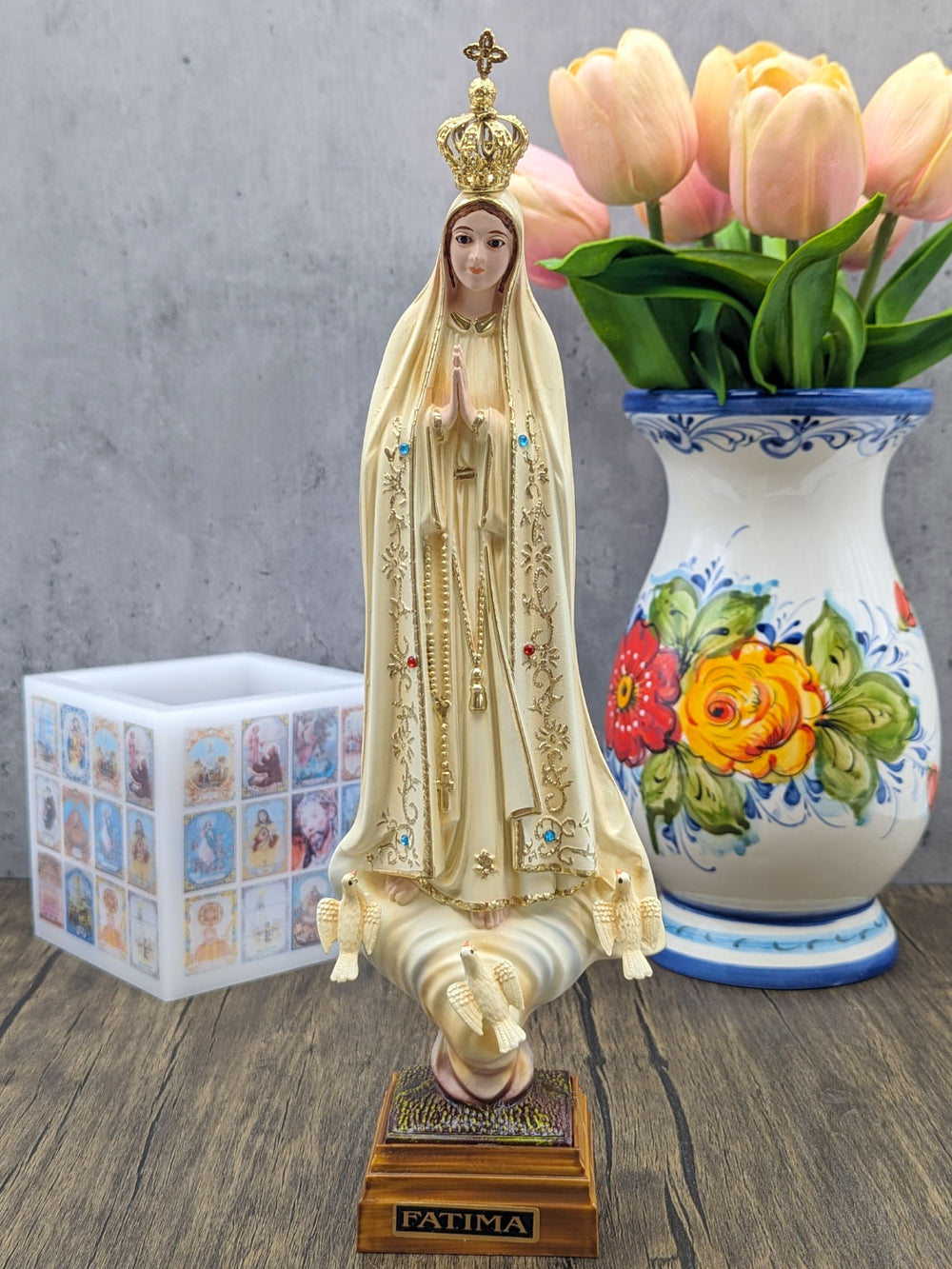 12 Inch Glass Eyes Our Lady of Fatima Statue Patina Painted