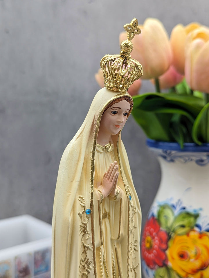 12 Inch Glass Eyes Our Lady of Fatima Statue Patina Painted