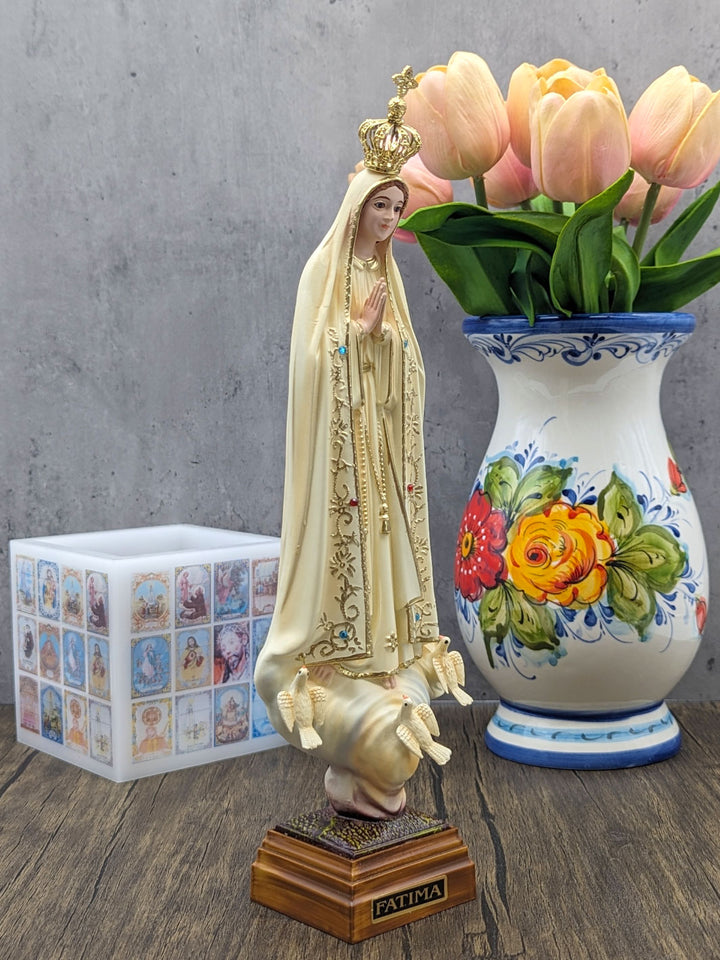 12 Inch Glass Eyes Our Lady of Fatima Statue Patina Painted