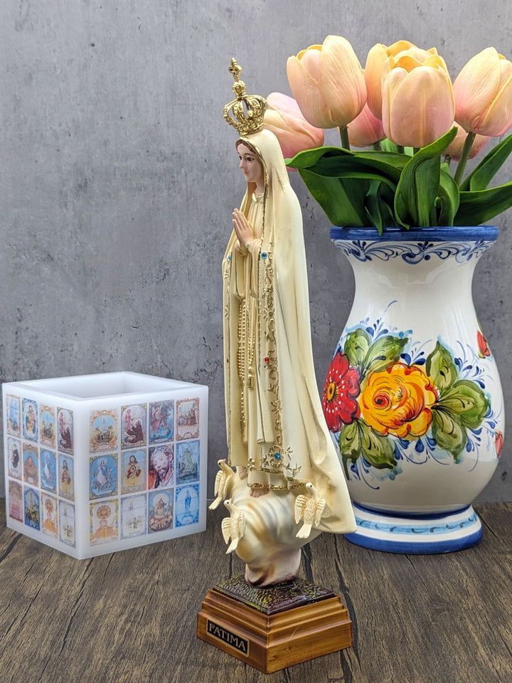 12 Inch Glass Eyes Our Lady of Fatima Statue Patina Painted