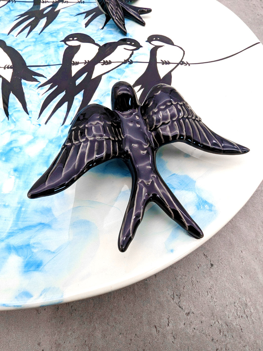 15.5 Inch Hand Painted Portuguese Ceramic Decorative Plate with Swallows