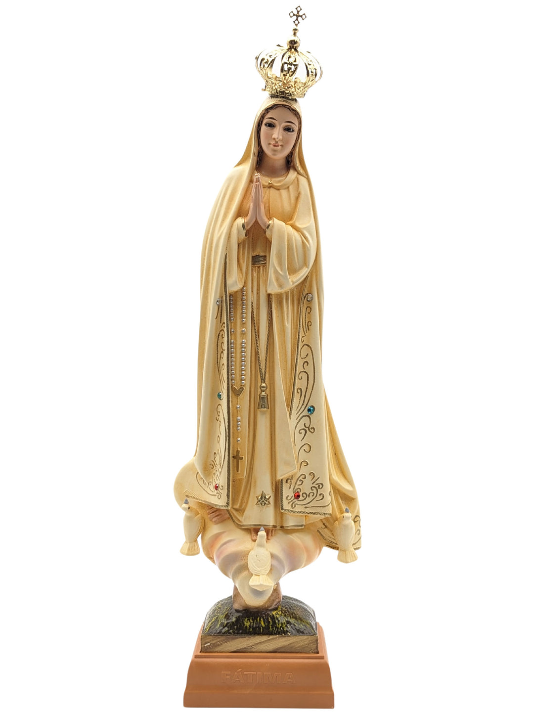 15 Inch Patina Painted Our Lady of Fatima Statue with Glass Eyes