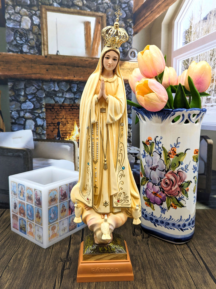 15 Inch Patina Painted Our Lady of Fatima Statue with Glass Eyes