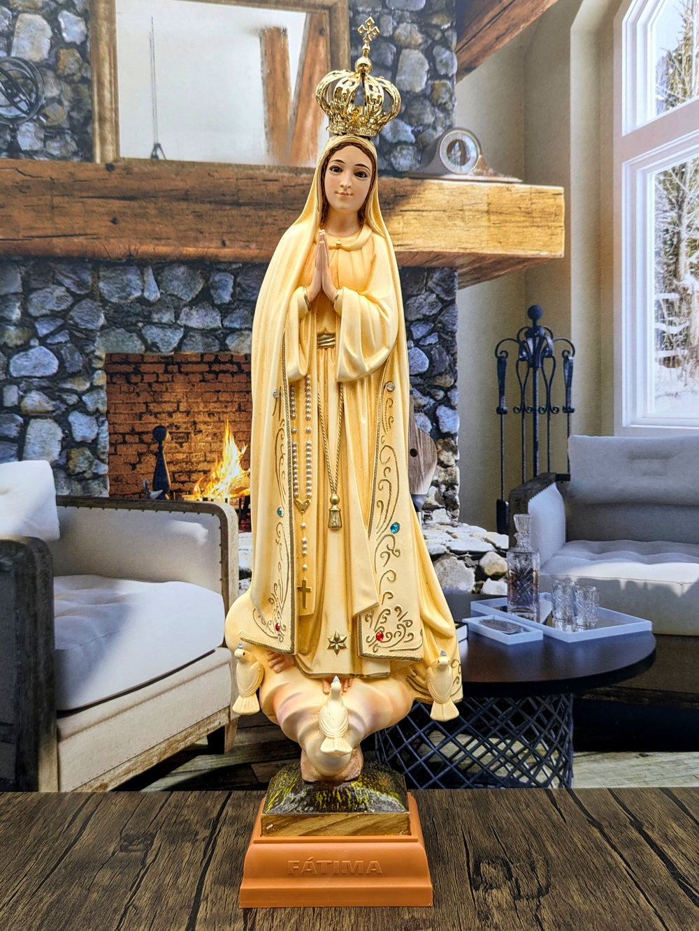 15 Inch Patina Painted Our Lady of Fatima Statue with Glass Eyes