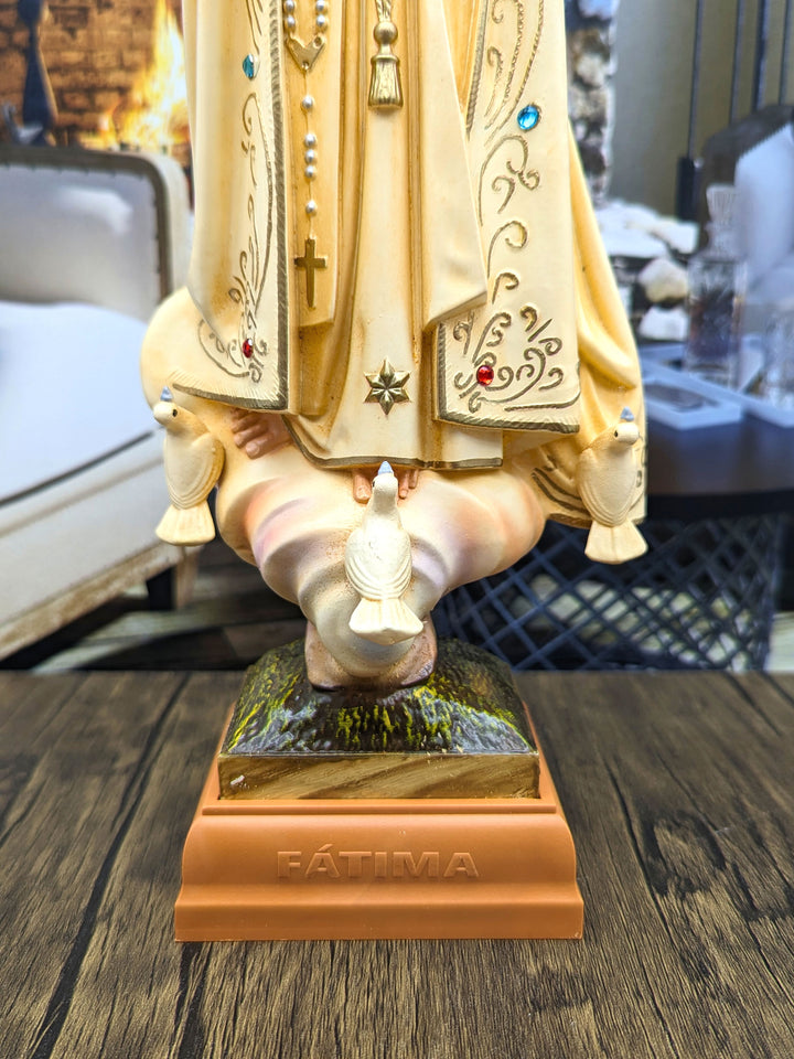 15 Inch Patina Painted Our Lady of Fatima Statue with Glass Eyes
