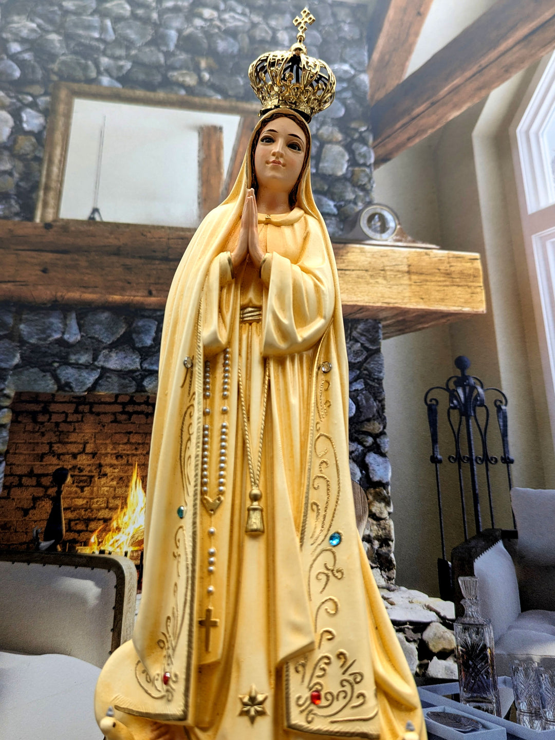 15 Inch Patina Painted Our Lady of Fatima Statue with Glass Eyes