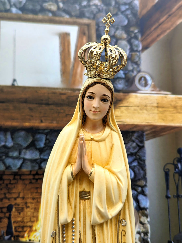 15 Inch Patina Painted Our Lady of Fatima Statue with Glass Eyes