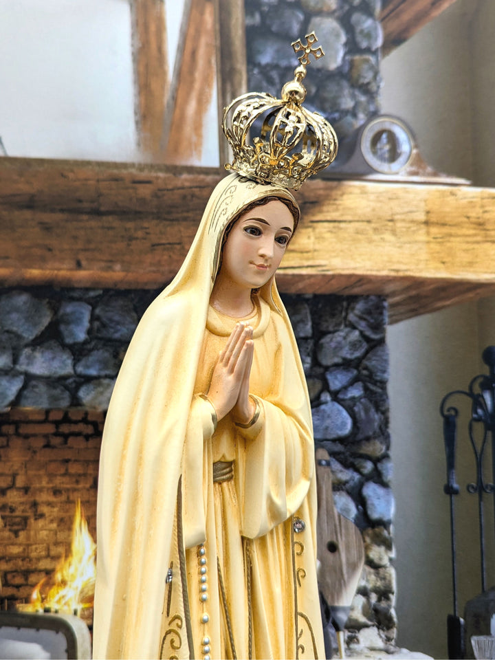 15 Inch Patina Painted Our Lady of Fatima Statue with Glass Eyes