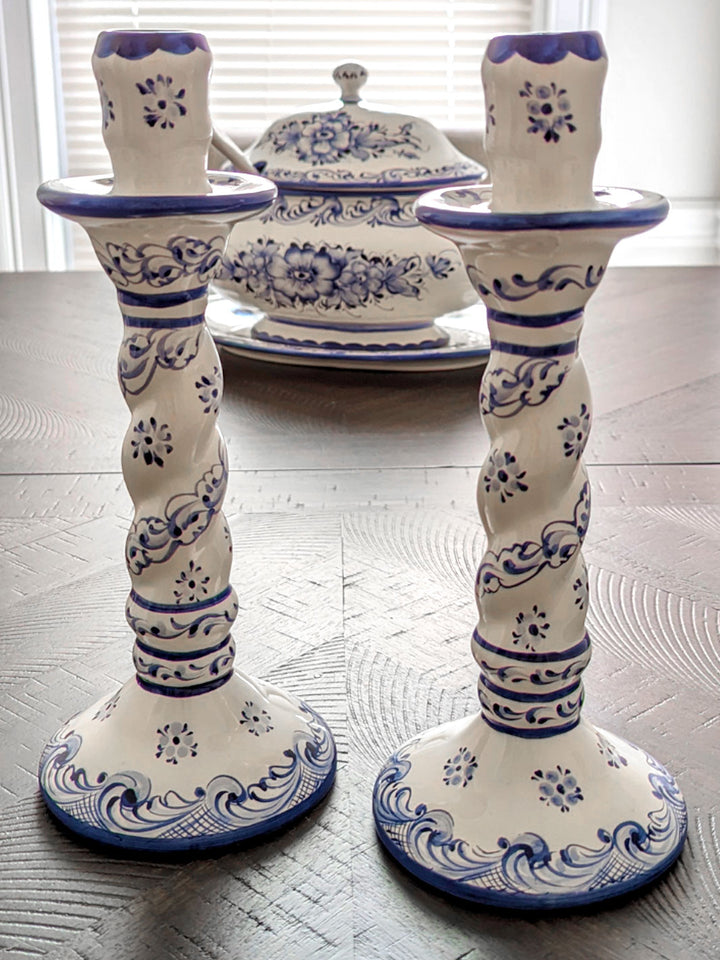 Hand Painted Alcobaça Ceramic Blue and White Decorative  Candle Holder – Set of 2