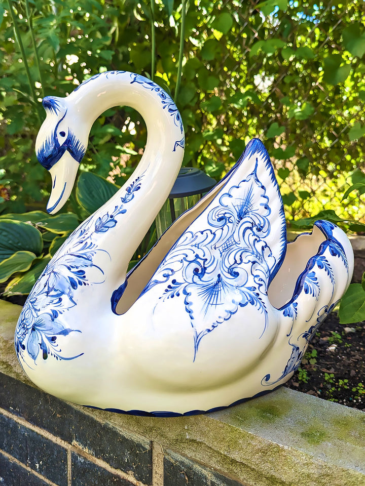 Hand Painted Portuguese Pottery Blue and White Ceramic Large Swan Planter Figurine