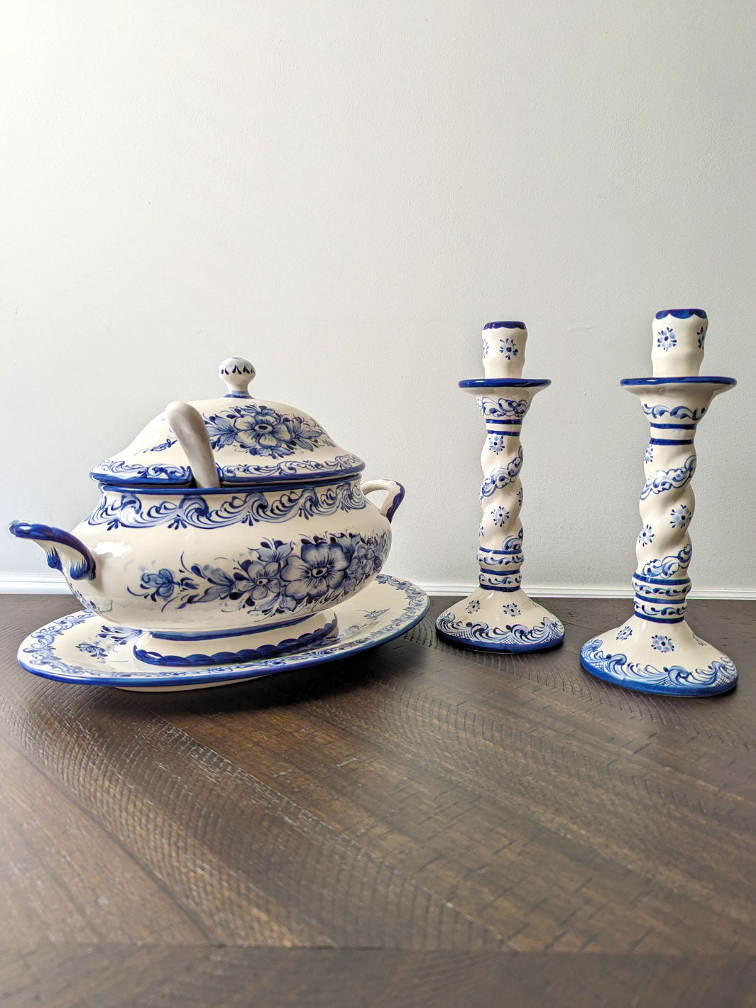 Hand Painted Alcobaça Ceramic Blue and White Decorative  Candle Holder – Set of 2