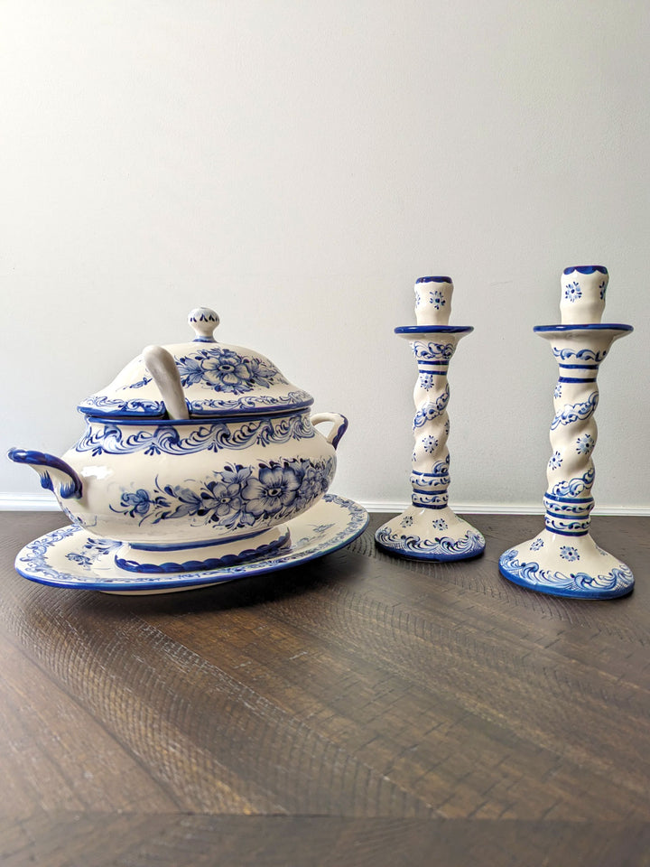 Hand Painted Alcobaça Ceramic Blue and White Decorative  Candle Holder – Set of 2
