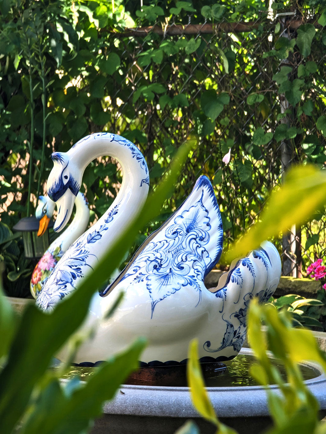 Hand Painted Portuguese Pottery Blue and White Ceramic Large Swan Planter Figurine