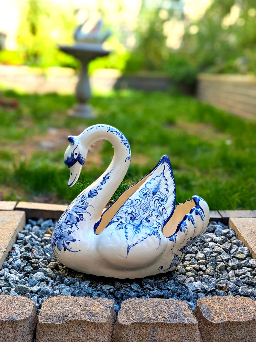 Hand Painted Portuguese Pottery Blue and White Ceramic Large Swan Planter Figurine