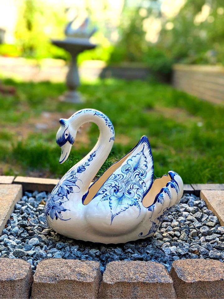 Hand Painted Portuguese Pottery Blue and White Ceramic Large Swan Planter Figurine