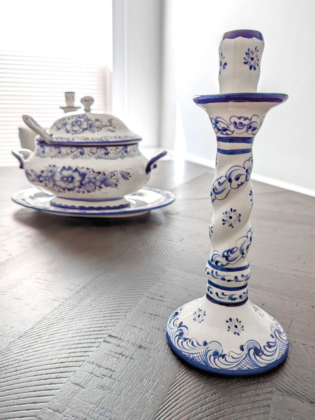 Hand Painted Alcobaça Ceramic Blue and White Decorative  Candle Holder – Set of 2