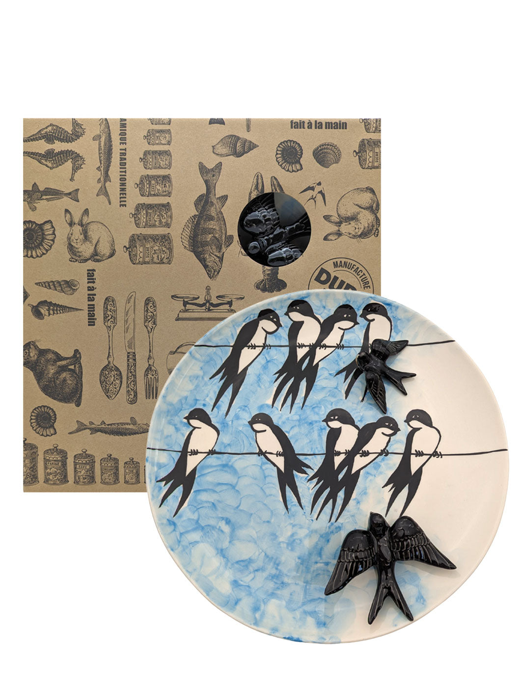 15.5 Inch Hand Painted Portuguese Ceramic Decorative Plate with Swallows