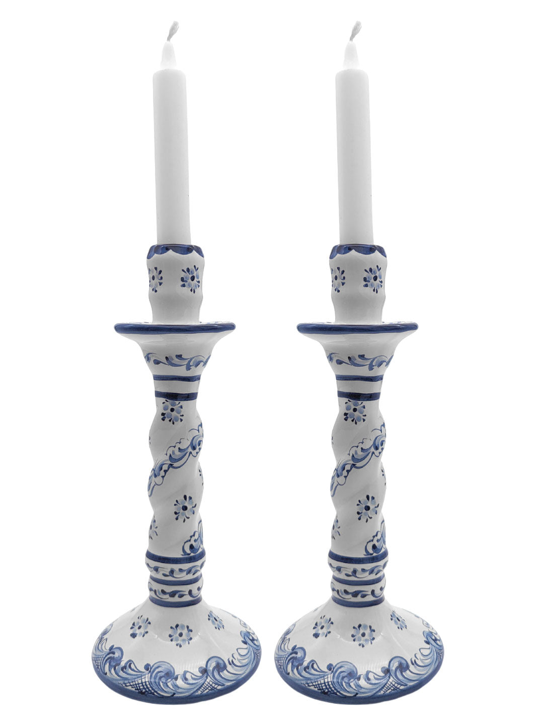 Hand Painted Alcobaça Ceramic Blue and White Decorative  Candle Holder – Set of 2