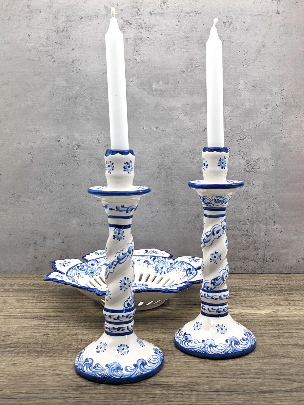 Hand Painted Alcobaça Ceramic Blue and White Decorative  Candle Holder – Set of 2