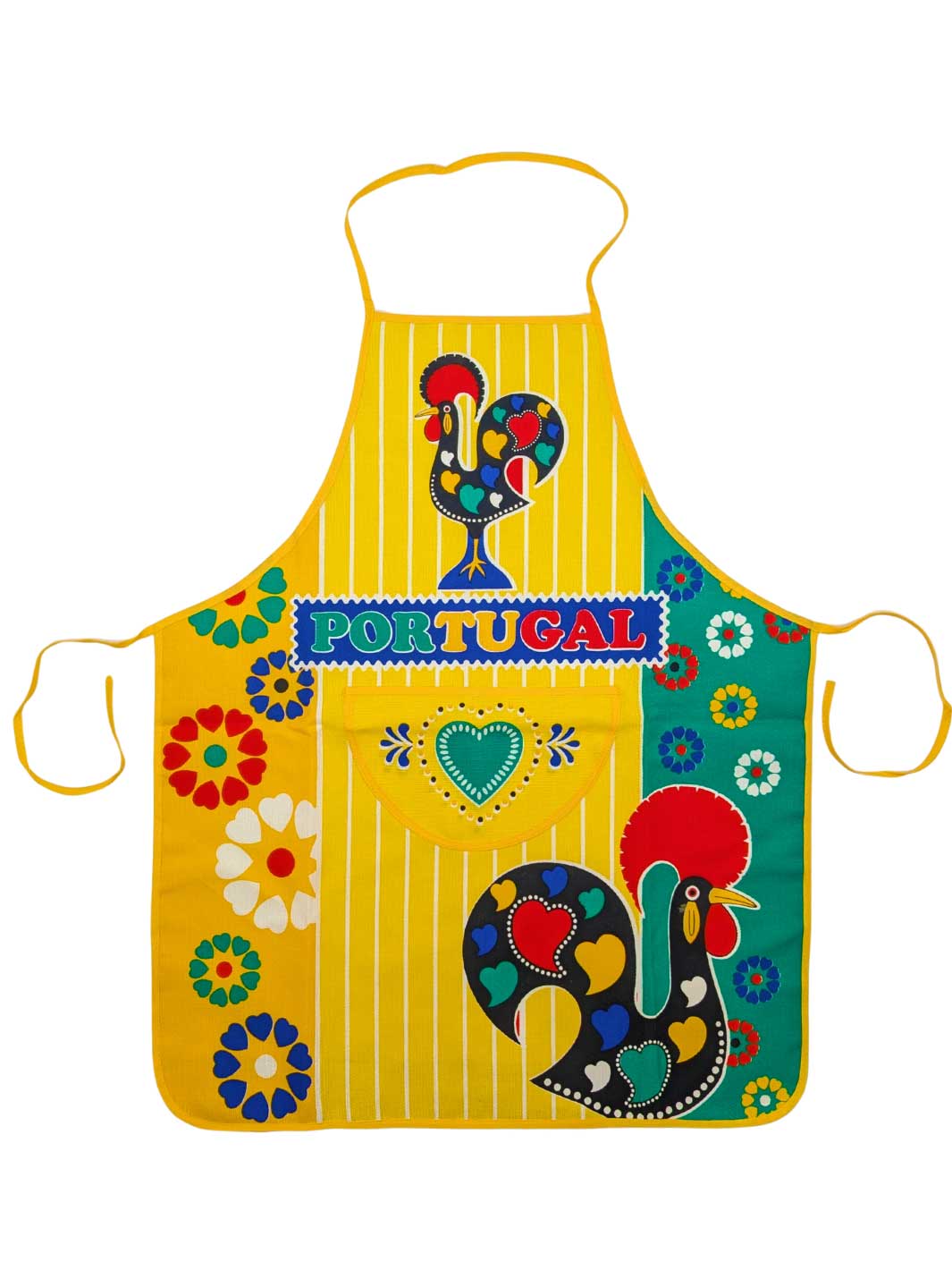 Colorful apron with Portuguese rooster design and 'Portugal' text on a white background