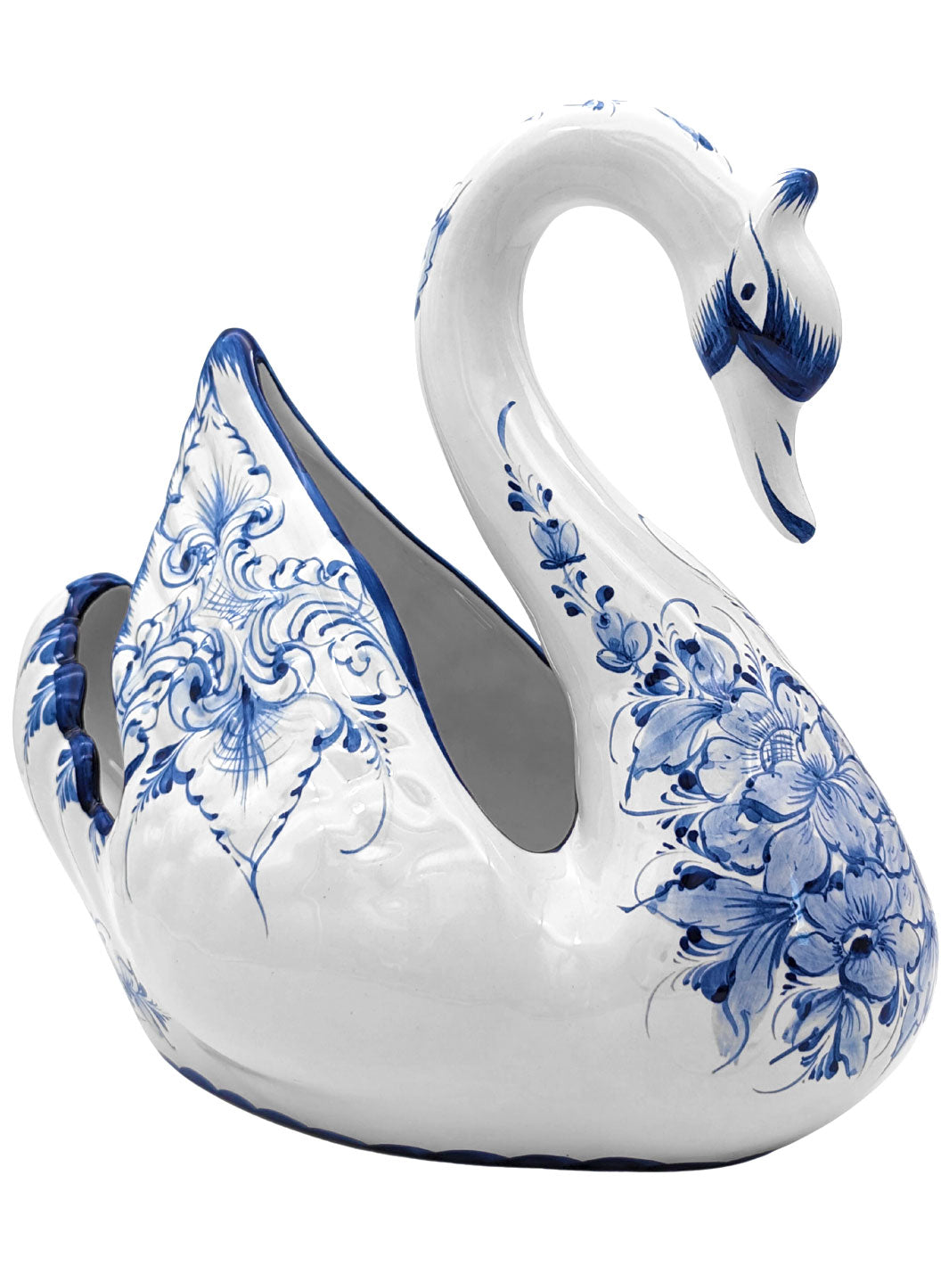 Hand Painted Portuguese Pottery Blue and White Ceramic Large Swan Planter Figurine