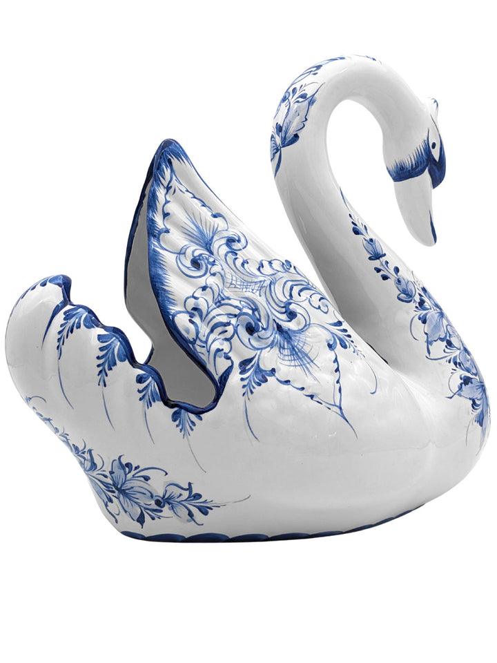 Hand Painted Portuguese Pottery Blue and White Ceramic Large Swan Planter Figurine