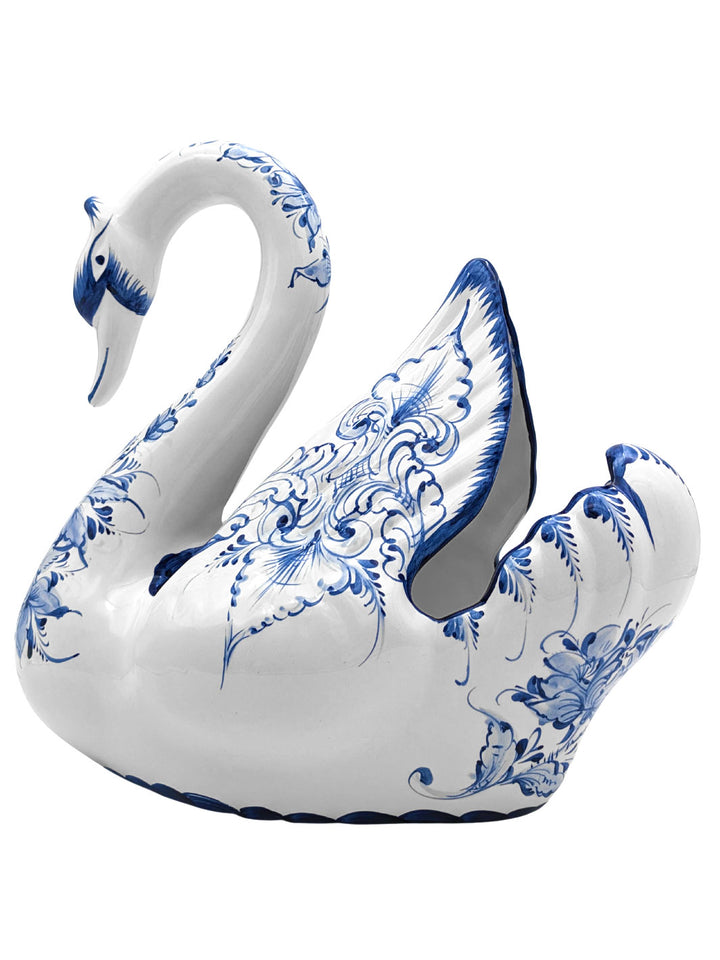 Hand Painted Portuguese Pottery Blue and White Ceramic Large Swan Planter Figurine