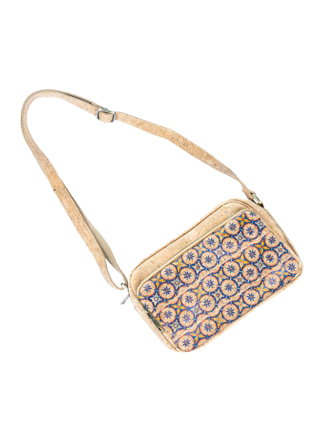 Patterned crossbody bag with a strap on a white background