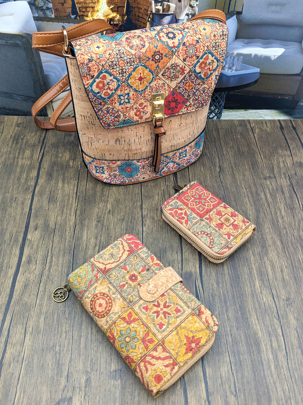 Elegant Portuguese Tiles Cork Wallet Set for Women's - Stylish Gift Box Duo