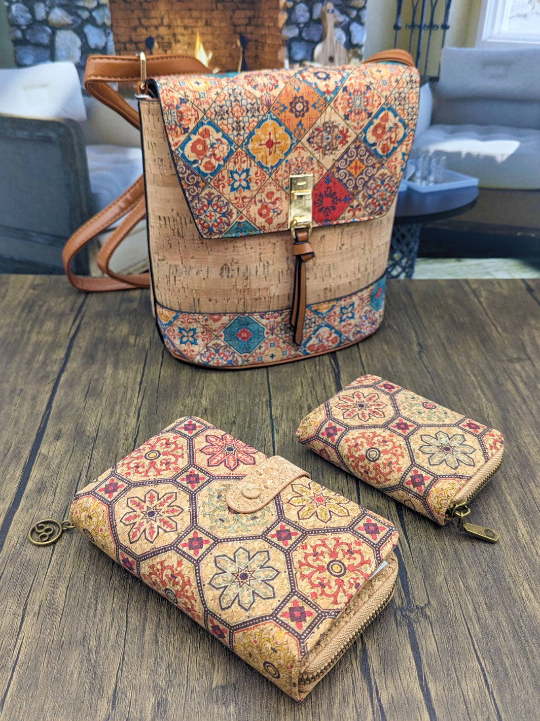 Elegant Portuguese Tiles Cork Wallet Set for Women's - Stylish Gift Box Duo
