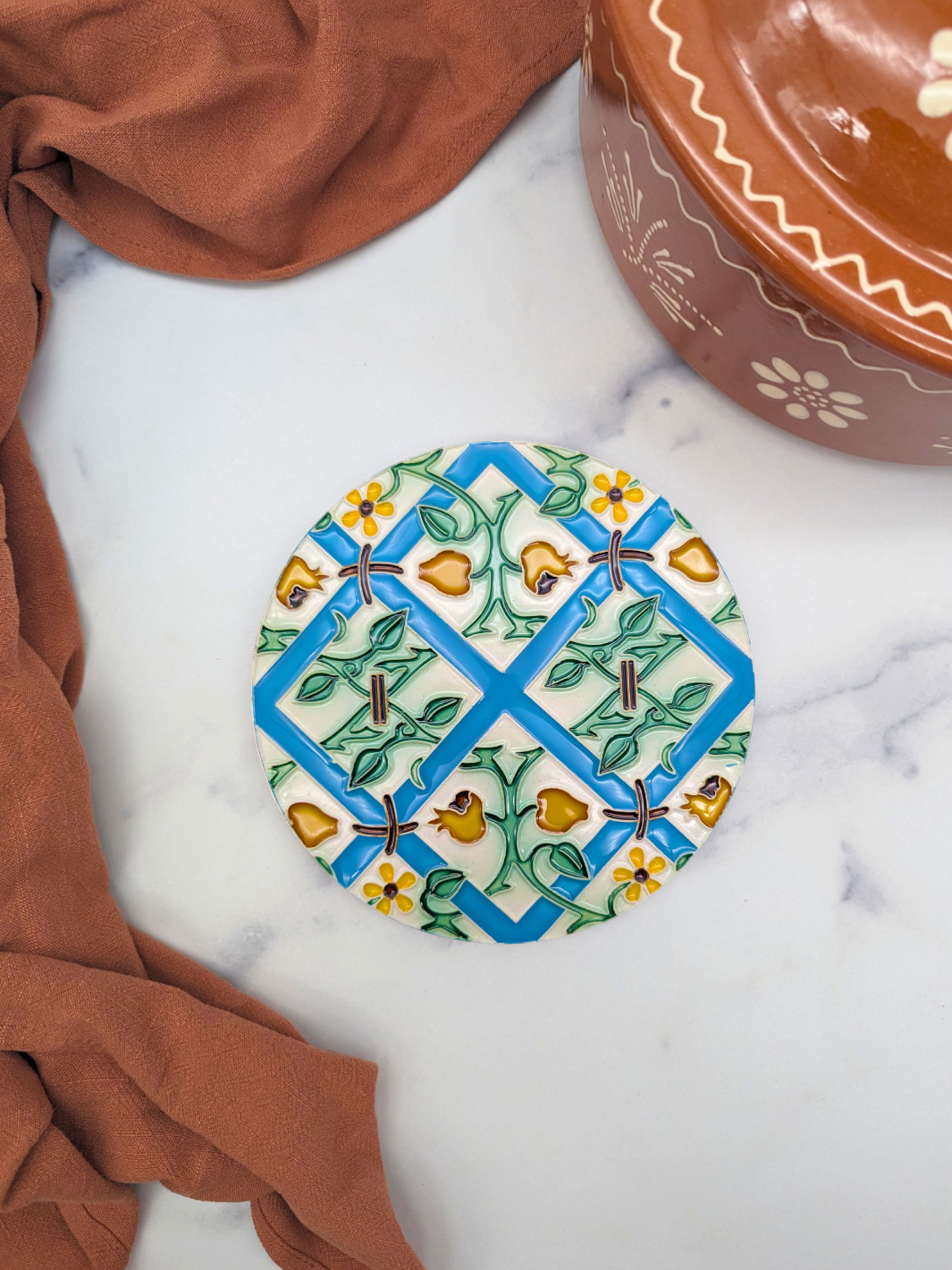 Hand-Painted Portuguese Ceramic Tile Round Trivet – Azulejos Design