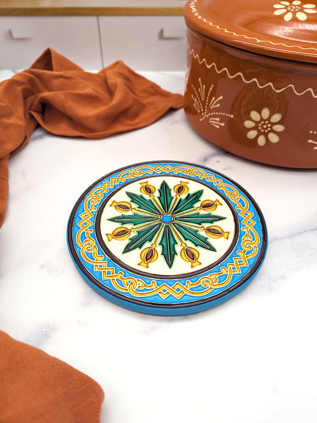 Hand-Painted Portuguese Ceramic Tile Round Trivet – Azulejos Design