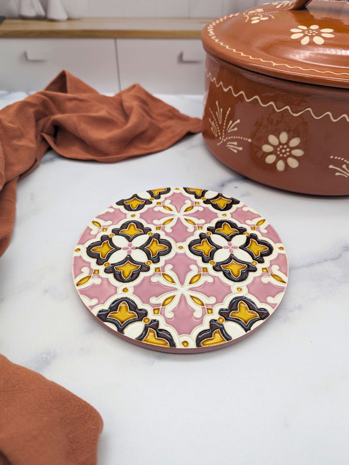 Hand-Painted Portuguese Ceramic Tile Round Trivet – Azulejos Design