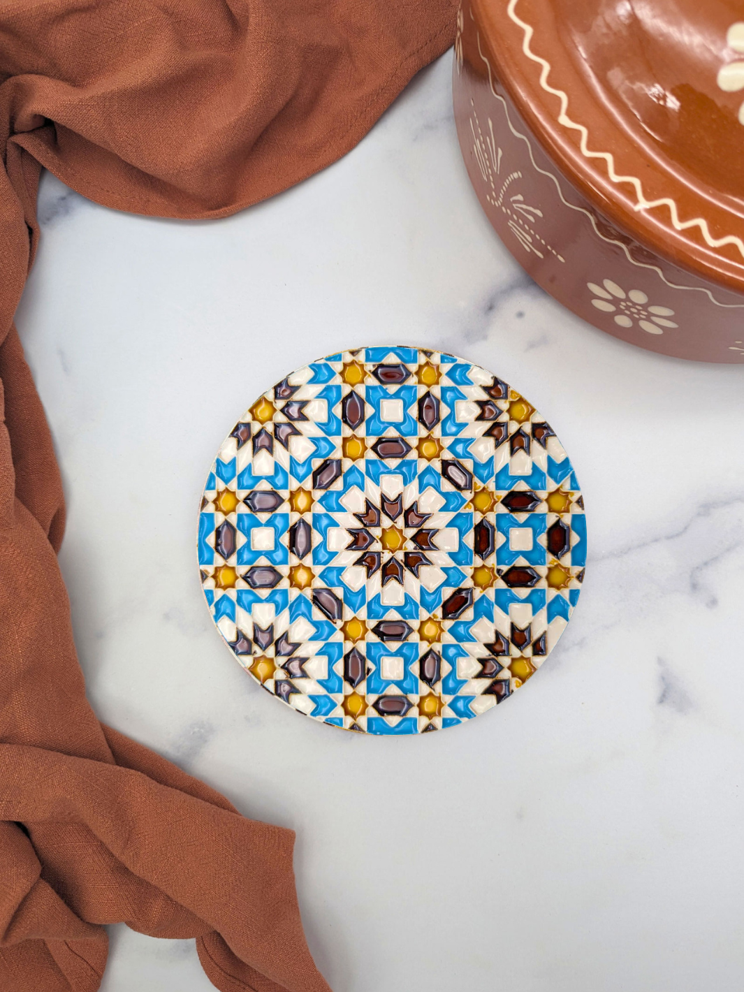 Hand-Painted Portuguese Ceramic Tile Round Trivet – Azulejos Design