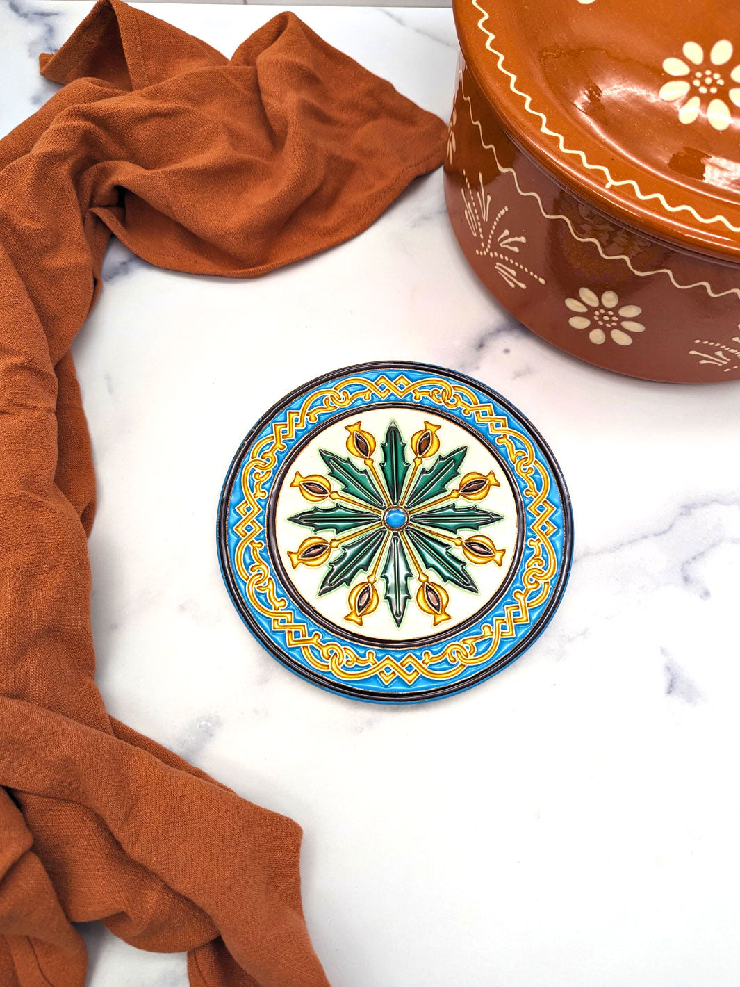 Hand-Painted Portuguese Ceramic Tile Round Trivet – Azulejos Design