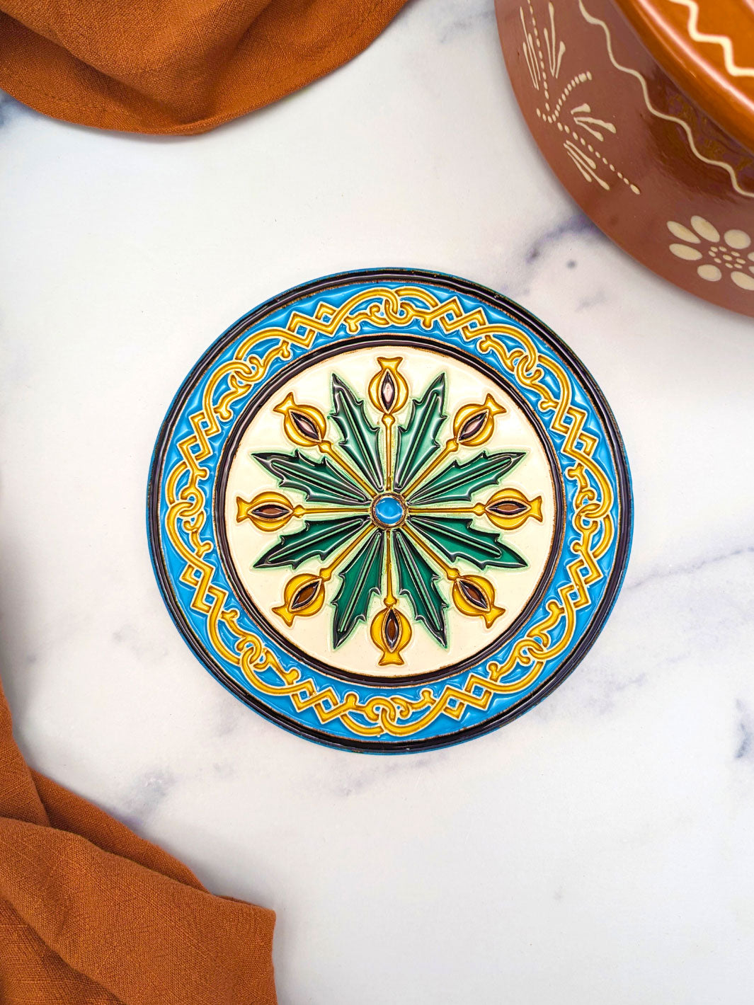 Hand-Painted Portuguese Ceramic Tile Round Trivet – Azulejos Design