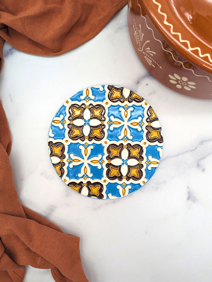 Hand-Painted Portuguese Ceramic Tile Round Trivet – Azulejos Design