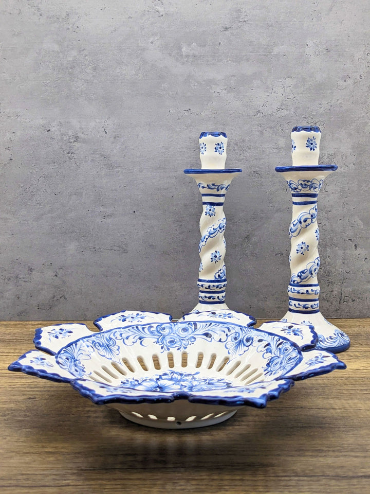 Hand Painted Blue and White Alcobaça Ceramic Decorative Fruit Bowl