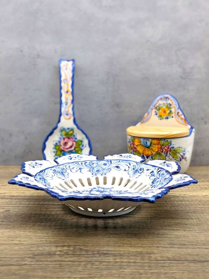 Hand Painted Blue and White Alcobaça Ceramic Decorative Fruit Bowl