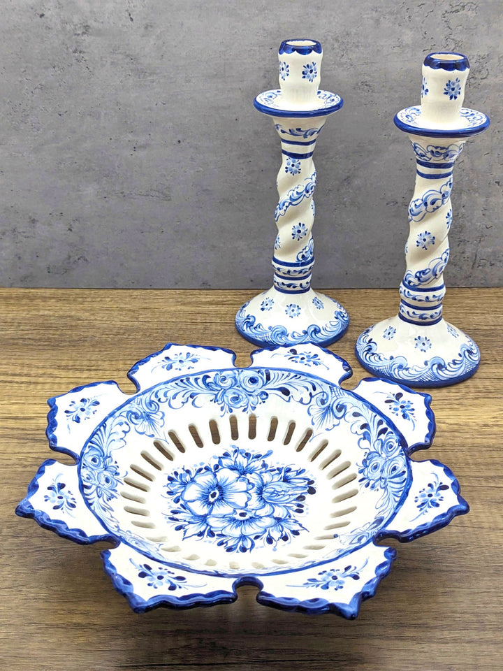 Hand Painted Blue and White Alcobaça Ceramic Decorative Fruit Bowl